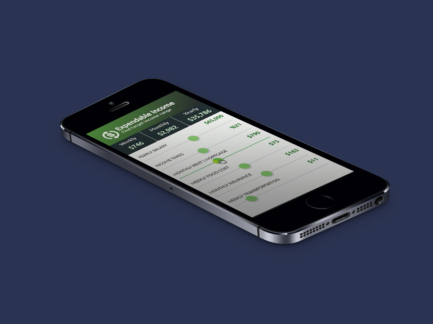 expendable income app mobile angled mockup